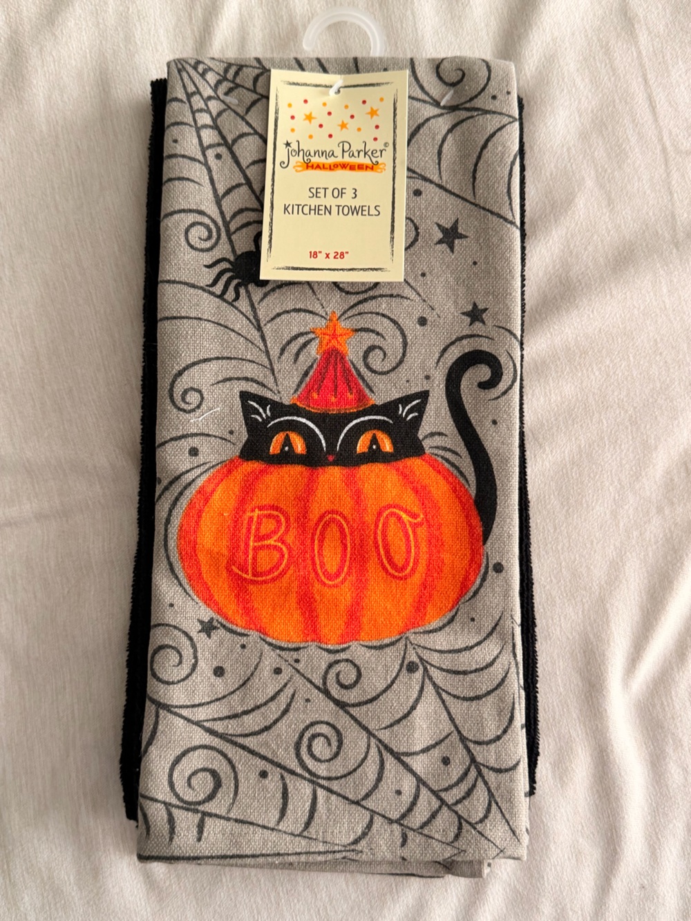 Johanna Parker Halloween Pumpkin Cat 'Boo' Kitchen Towel - Orange & Black